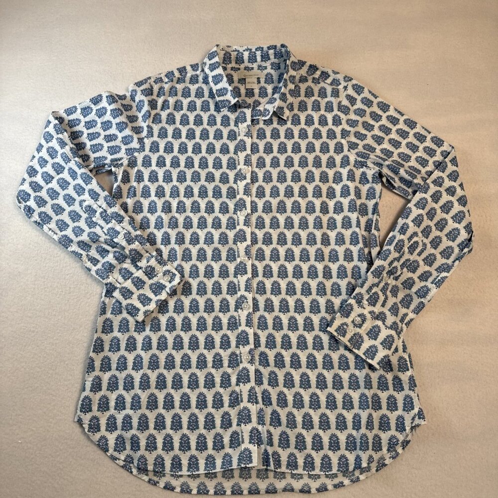 Garnet Hill Womens Shirt Button Down White Blue/Green Flowers Size‎ 4